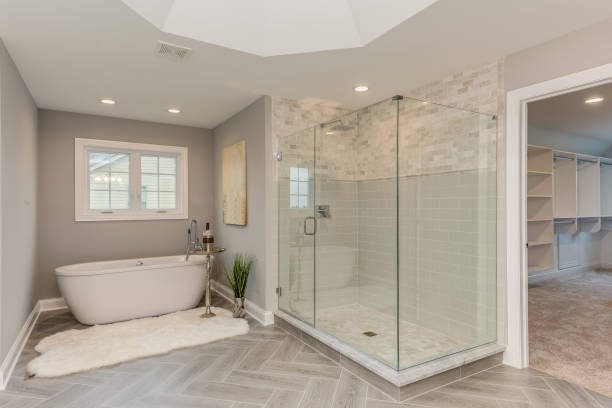 Modern bathroom with freestanding bath and walk-in shower