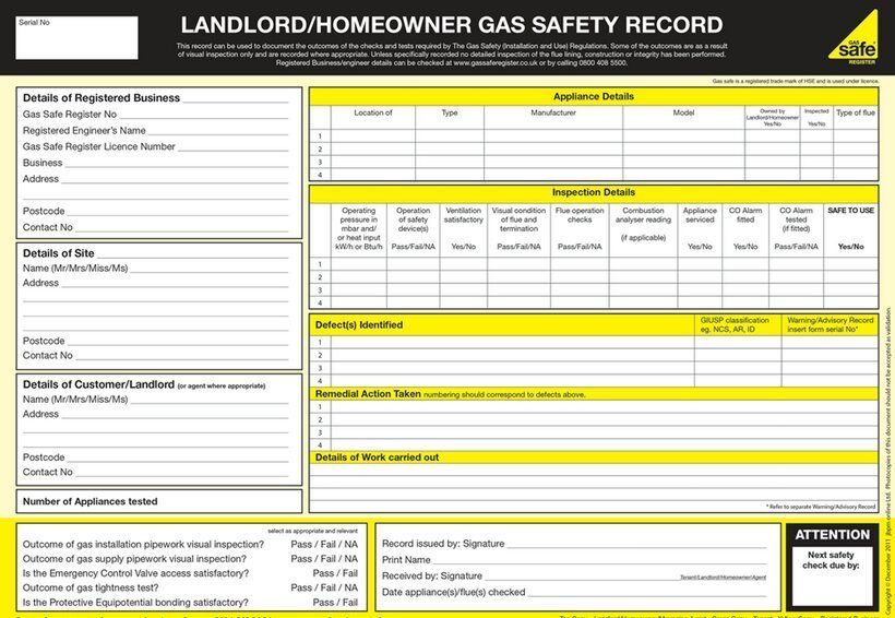 Landlord/Homeowner Gas Safety Record certificate